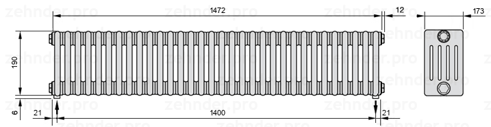 Схема (чертеж) Радиатор Zehnder Charleston 5019/32 №5310 Белый глянцевый RAL 9016